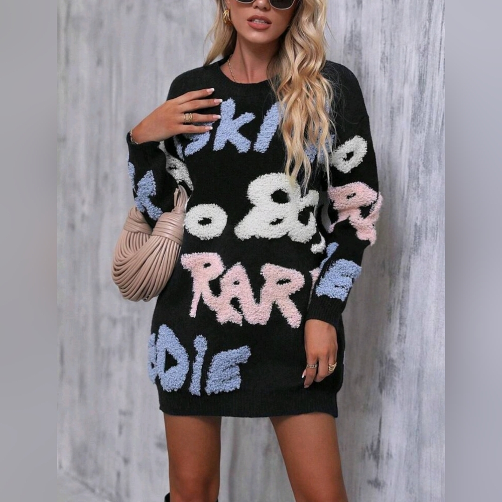 SHEIN Essnce Letter Pattern Drop Shoulder Sweater Dress. Size XS.